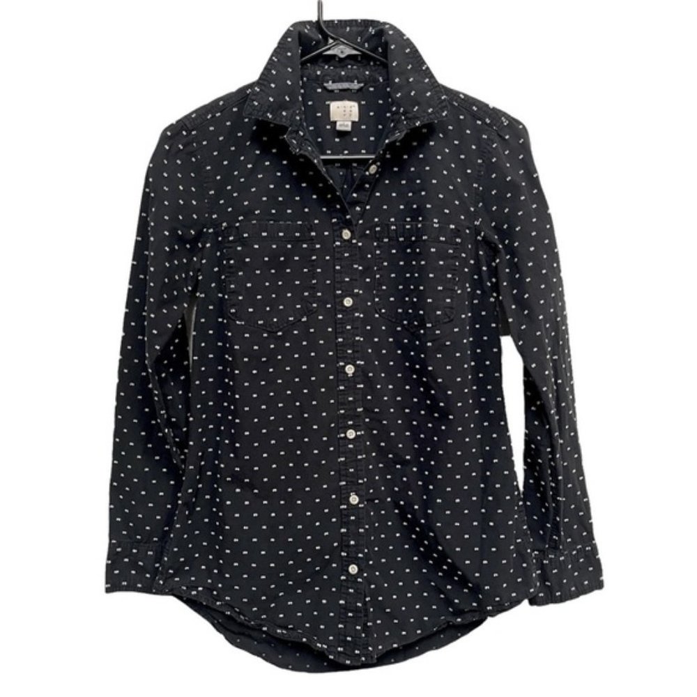 A NEW DAY Black Long Sleeve Button Up with White Embroidered Dots Size S